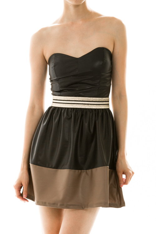 Sweetheart Color Dipped Faux Leather Mini Dress
