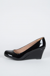 Leather Round Closed Toe Med Low Wedge Heel Pump