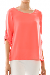 Neon 3/4 Sleeve Slit Back Chiffon Blouse