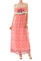 Strapless Flounce Damask Print Maxi Dress