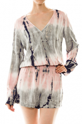 Wrapped V-Neck Long Sleeve Tie Dye Romper