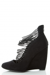 Stretch Elastic Strappy Cage Medium High Wedge Heel Pump Shoes
