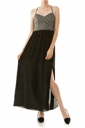 Embroidered Chevron Pattern Halter Maxi Dress
