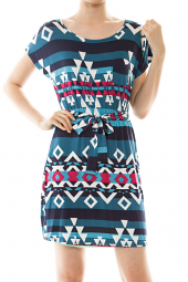 Tribal Print Short Sleeve Tie Waist Mini Dress