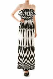 Flounce Strapless Abstract Chevron Maxi Dress