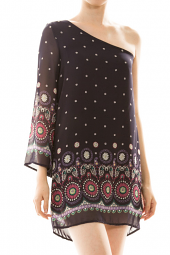 One Shoulder Abstract Feather Print Mini Dress