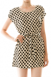 Short Sleeve Abstract Print Waist Tie Mini Dress