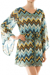 Chevron Pointed Bell Sleeve Tie Waist Mini Dress