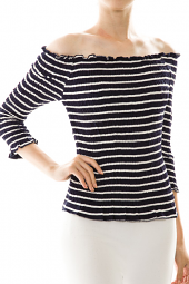 3/4 Sleeve Smocked Stripe Off Shoulder Top