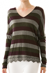 Stripe Open Back Lace Trim Knit Top