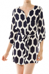Button Down Tie Waist Printed Shirt Dress