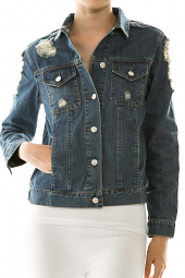 Destroyed Button-Up Collared Denim Jacket