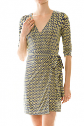 3/4 Sleeve Diamond Print Mini Wrap Dress