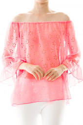 3/4 Sleeve Laser Cut Floral Off Shoulder Blouse