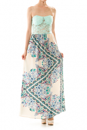 Lace Top Detail Abstract Print Maxi Dress