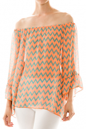 Off Shoulder Sheer Flutter Sleeve Chevron Top