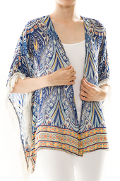 Abstract Kimono Print Fringe Cardigan