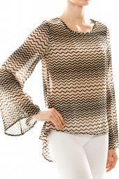 Zig Zag High Low Bell Sleeve Pleated Blouse Top