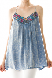 Embroidered Weathered Denim Tunic Top