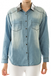 Faded Light Denim Faux Leather Collar Shirt
