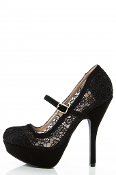 Crochet Floral Mesh Round Toe Mary Jane Stiletto Heel Pump Shoes