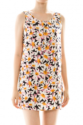 Daisy Print Pleated Neck Mini Tank Dress