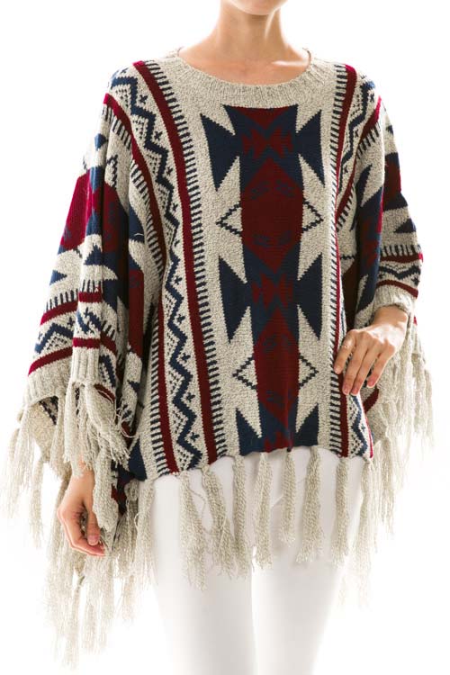 Tribal Knit Fringe Trim Poncho