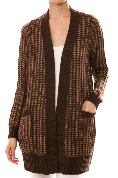 Long Sleeve Open Front Two Tone Cardigan Knit