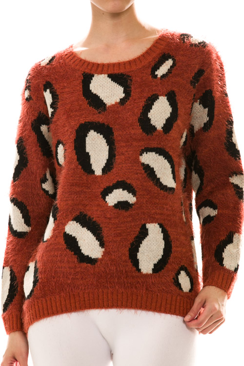 Fuzzy Long Sleeve Animal Print Sweater Knit