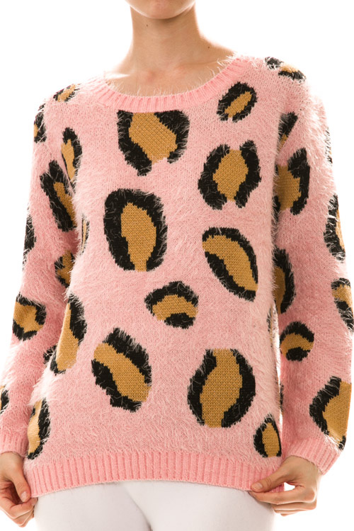 Fuzzy Long Sleeve Animal Print Sweater Knit