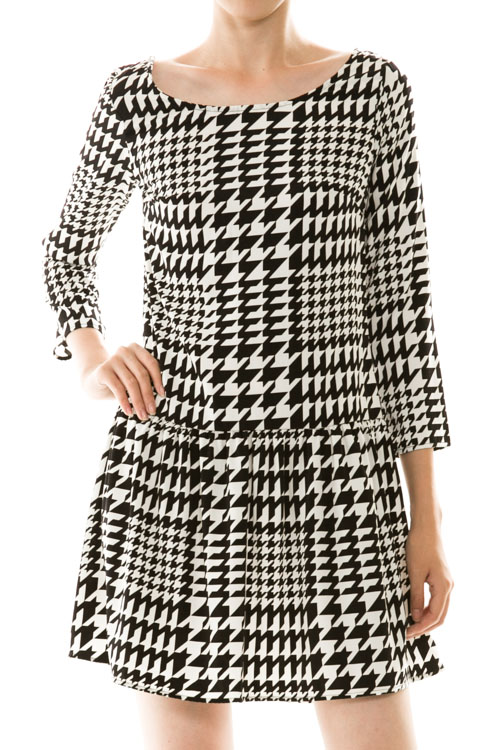 Houndstooth 3/4 Sleeve Flared Dress