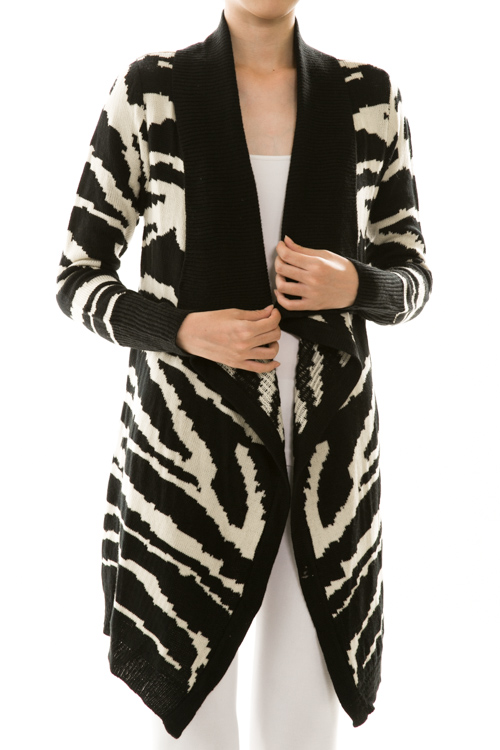 Zebra Print Open Front Draped Knit Cardigan
