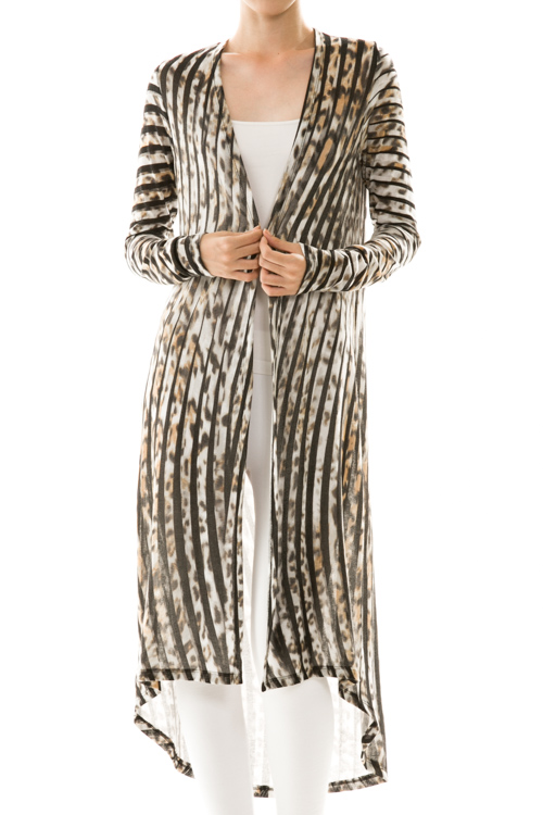 Stripe Animal Print Open Front Cardigan