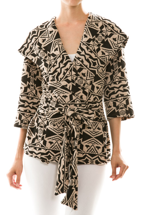 Abstract Tribal Print Waist Tie Hooded Coat