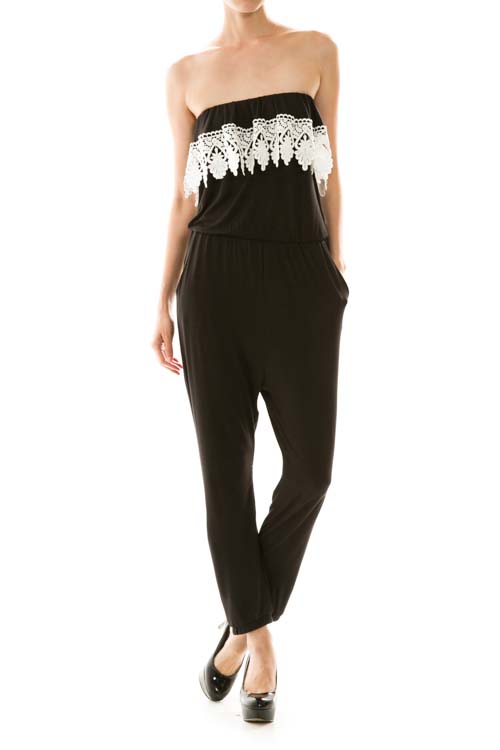 Flounce Lace Trim Strapless Jumpsuit