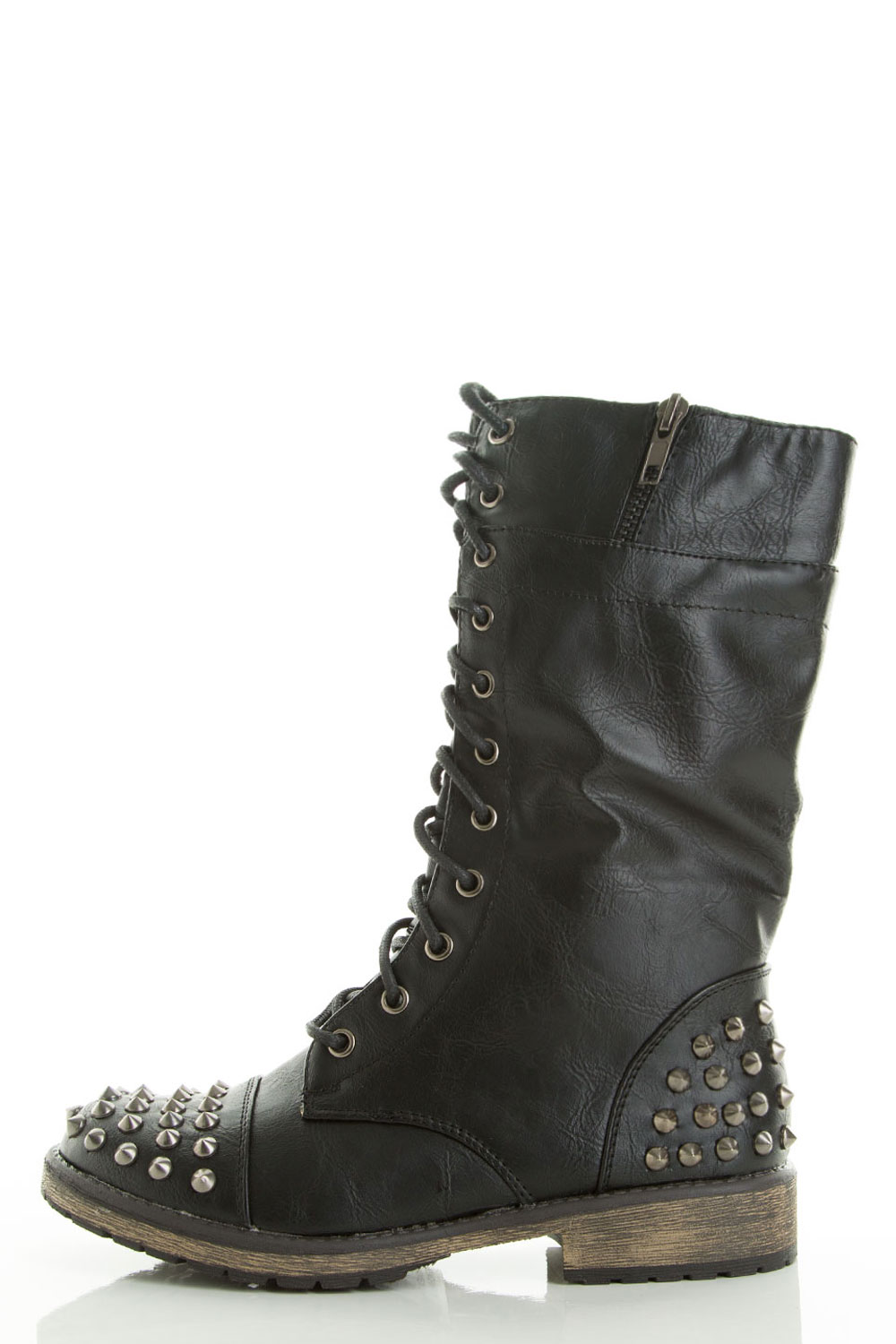 Spike Stud Lace Up Military Low Flat Heel Combat Ankle Boots