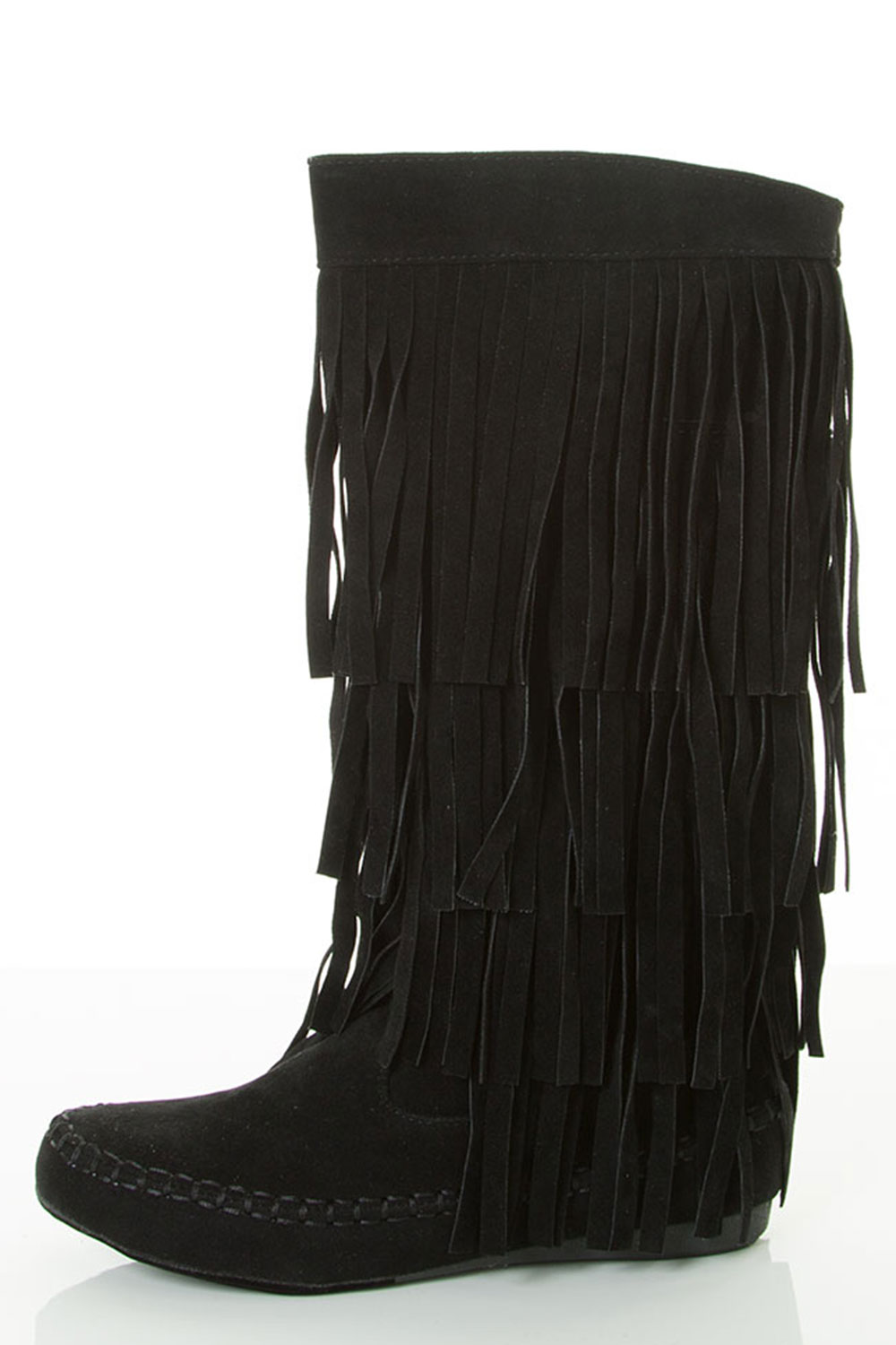 Round Toe Mid-Calf Height Flat Heel Fringe Layer Accent Boots