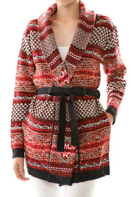 Multi Print Waist Tie Knit Coat