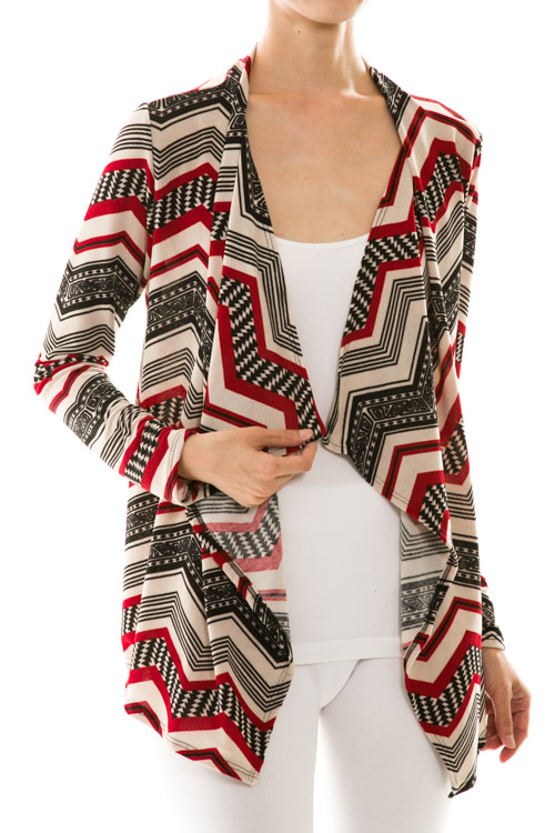 Chevron Print Draped Neck Cardigan