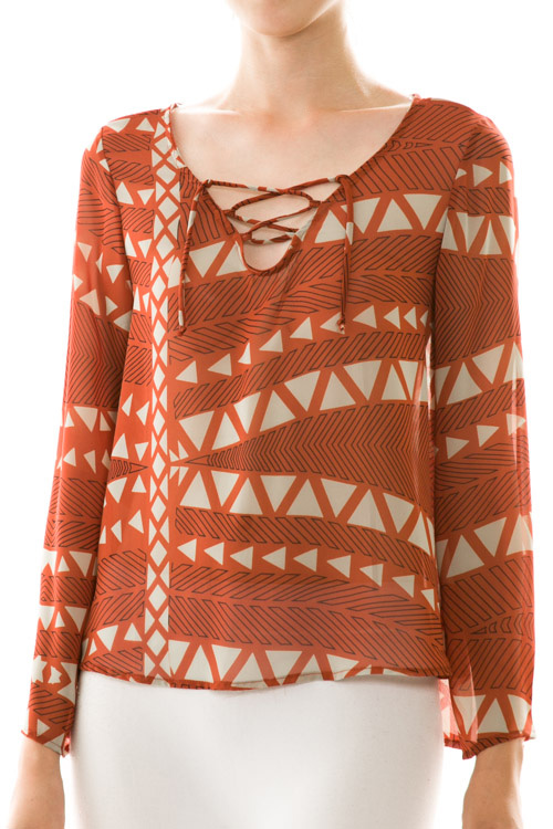 Triangle Print Long Sleeve Chiffon Blouse