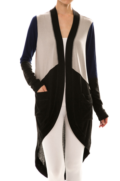 Open Front Long Sleeve Color Block Maxi Cardigan